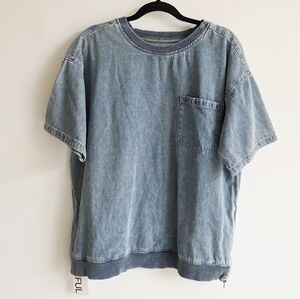 NWT Friful 100% Cotton Denim Short Sleeves Crew Neck Women's Blouse Size L